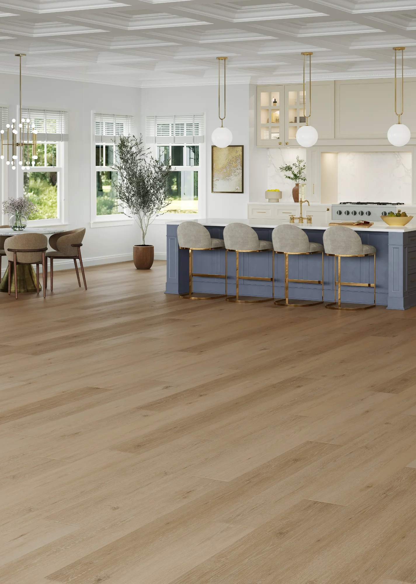 Spacious Central California great room and kitchen with warm luxury vinyl plank flooring