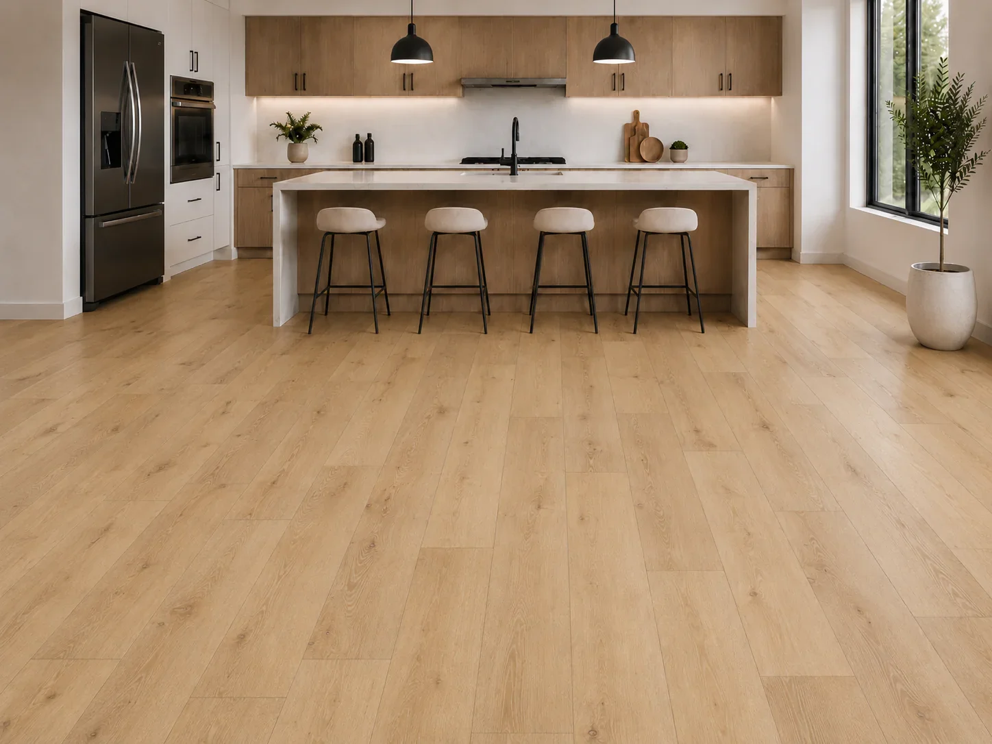 Bright modern kitchen with light oak luxury vinyl plank flooring