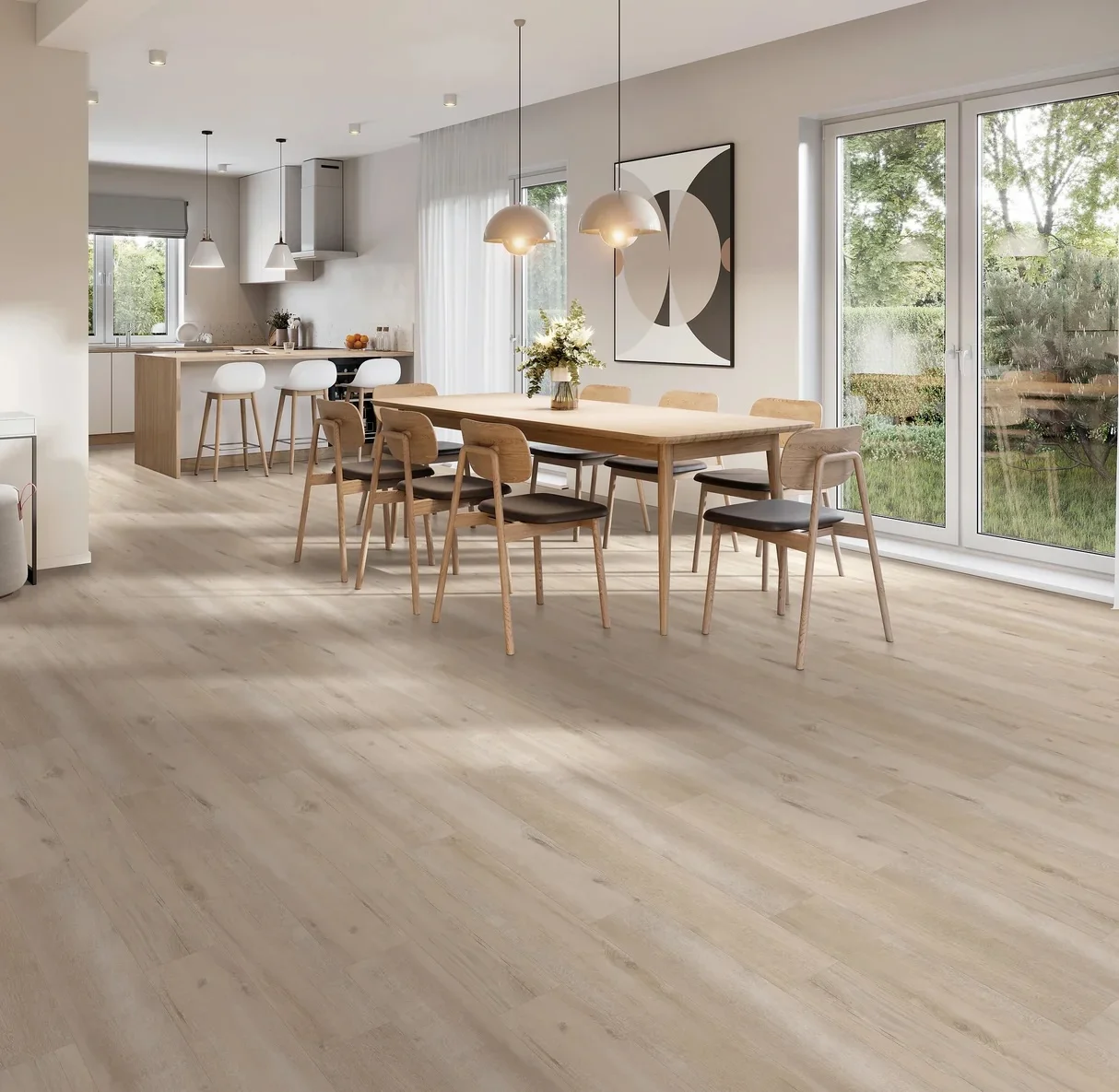 Open-plan Central California home with light oak luxury vinyl plank flooring